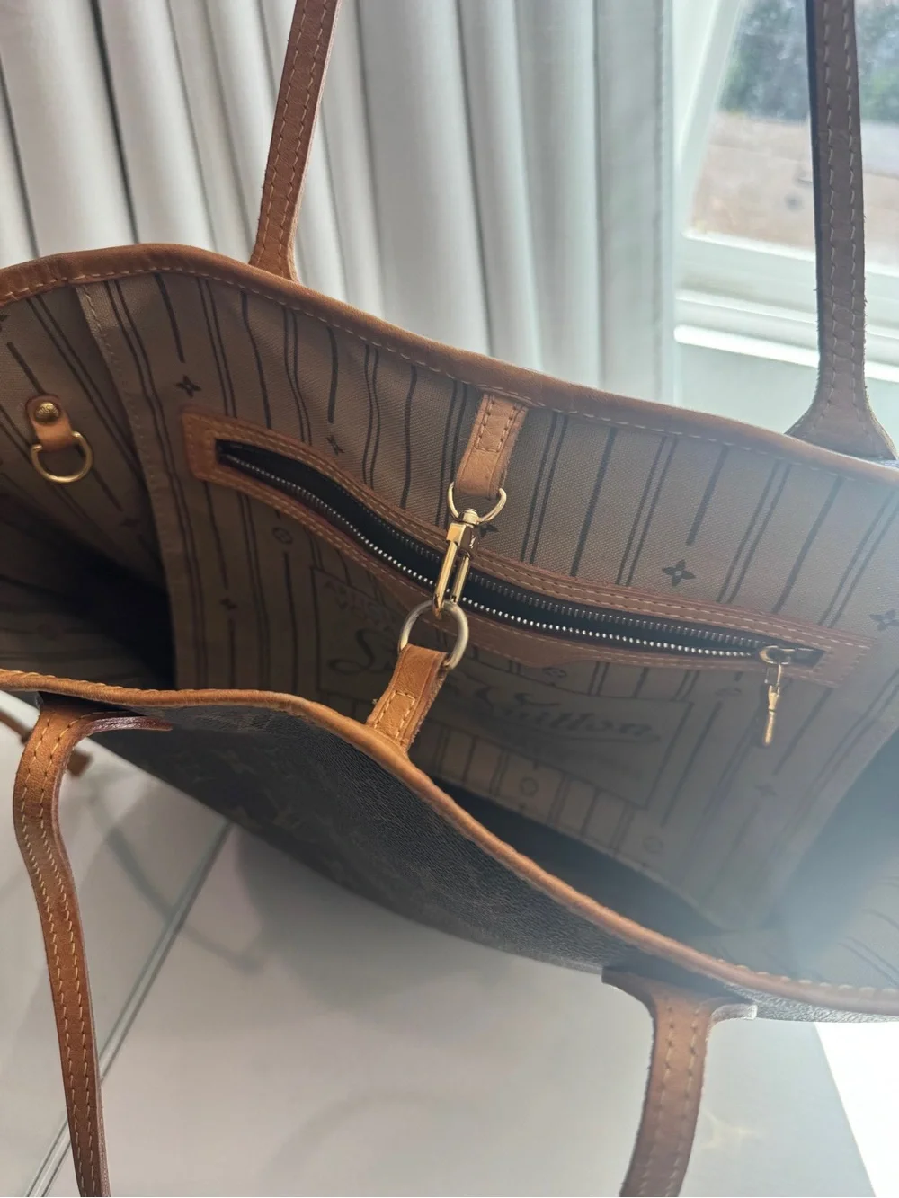 Authentic Louis Vuitton Brown Monogram Canvas Tote with Tan Leather Trim